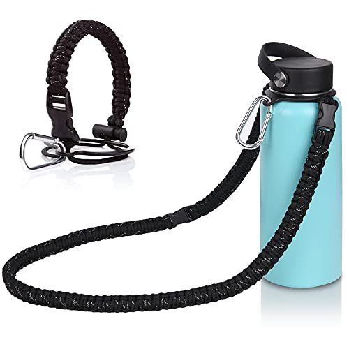 Wongeto Paracord Handle with Shoulder Strap Compatible with Hydro Flask Wide Mouth Water Bottles 12oz – 64 oz，Water Bottle Strap for Walking Biking Hiking Camping(Black 1)