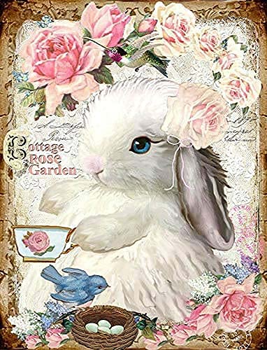 Rabbit Metal Tin Sign Cottage Rose Garden Retro Poster Family Cafe Bar Farm Country Bathroom Wall Decoration Poste Painting 12×16 Inch