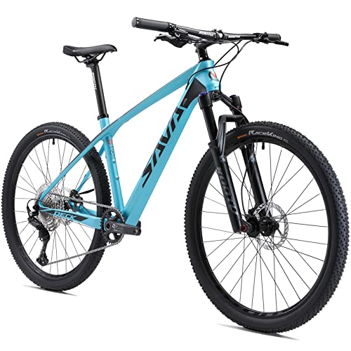 SAVADECK Carbon Fiber Mountain Bike, Deck 6.1 Carbon Frame 27.5/29 Inch Wheels, 12 Speeds Hydraulic Disc Brake MTB Bicycle with Shimano DEORE Groupset (Blue, 27.5×17”)