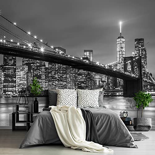Fightal – Grey New York Mural Wallpaper Brooklyn Bridge Wall Paper Wall Mural City Scape Large Wallpaper for Living Room Bedroom 151″x105″（It’s It’s not Peel and Stick.）