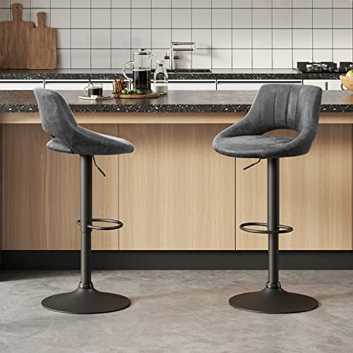 Volans Bar Stools Set of 2, Mid Century Modern Kitchen Counter Height Bar Stools, Faux Leather Adjustable Swivel Bar Stools Chairs with Back, Gray