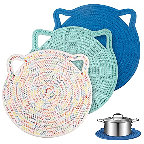 YONOVO 12″ Cotton Trivets Set, 3Pcs Cute Cat Ear Large Pot Holders Woven Hot Pads Mats Thick Heat Resistant for Hot Pots and Pans Round Hot Plate Holder Washable Potholders Kitchen Gift (Blue)
