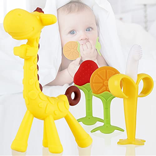 Baby Teething Toys for Newborn (4-Pack),Baby Chew Toys Teething Freezer Set Soothing Baby , Toddler Silicone Banana Toothbrushes Fruit Giraffe Teethers Soothe Babies with Storage Case Set