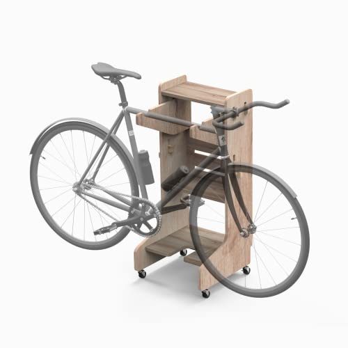 Wooden Bike stand with hooks and shelving ideal for apartment, No tools, Easy assembly, Perfect for small spaces, Adjustable bicycle storage rack garage organizer.
