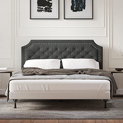 Glenwillow Home Curta Clipped-Edge Nailhead-Trim Button Tufted Upholstered Headboard, Gray, Full/Queen