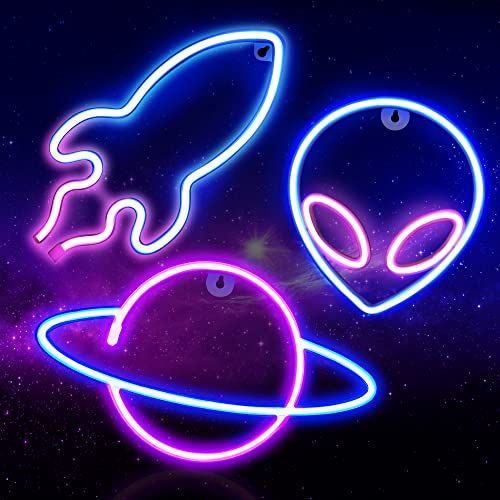 3PCS Neon Signs for Wall Decor, LED Neon Lights for Bedroom,USB or Battery Powered Light Up Space Element Alien Planet Rocket for Kids,Teen Boys,Gaming Room,Bar,Birthday,Cool Decoration Aesthetic Gift