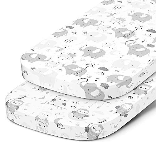 Bassinet Fitted Sheets for Baby Beside Dreamer Bassinet & Bedside Sleeper – Snuggly Soft 100% Jersey Cotton – 2 Pack – Grey Elephants, Cloud, Stars, Moon, Owl
