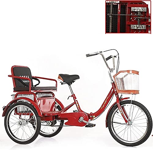 BINZII Adult Tricycles, 3 Wheel Bikes for Adults, Adult Tricycles 3 Wheel Bike 1 Speed Double Chain Trikes 20 Inch for Adult Cargo 3 Wheeled with Basket and Child Back Seat Color Red