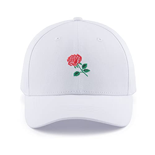 AUNG CROWN Rose Embroidered Baseball Caps Structured Cotton Women Men Adjustable Hats (White)