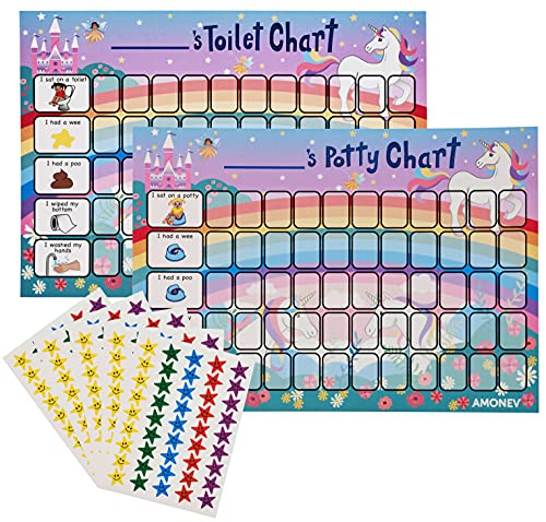Amonev Unicorn Potty Training Reward Chart and Toilet Training Reward Chart for Boys and Girls Toddlers Twin Pack with 225 Star Stickers Included