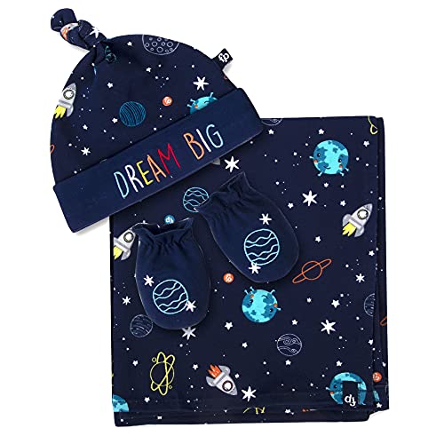 Fisher-Price Space Explorer Collection Swaddle Blanket with Hat, Mittens for Ages 0-6 Months