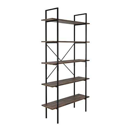 Lavish Home 5-Tier Bookshelf – Industrial Style Wooden Bookcases – Freestanding Shelving Unit for Home or Office (Brown Woodgrain) Set of 1