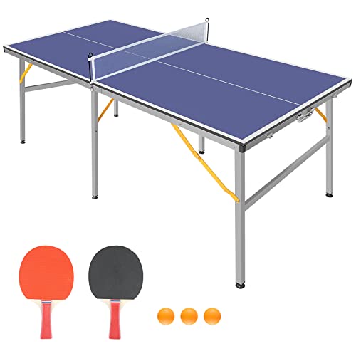 KL KLB Sport 6ft Mid-Size Table Tennis Table Foldable & Portable Ping Pong Table Set for Indoor & Outdoor Games with Net, 2 Table Tennis Paddles and 3 Balls