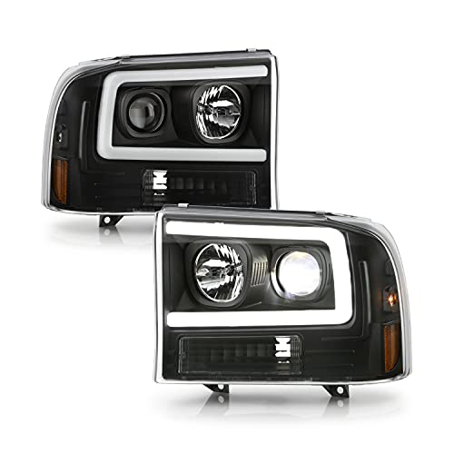 AKKON – Fits 1999-2004 Ford F250/F350/F450/F550 Super Duty Excursion LED Parking Tube Projector Black Headlights Pair Left+Right