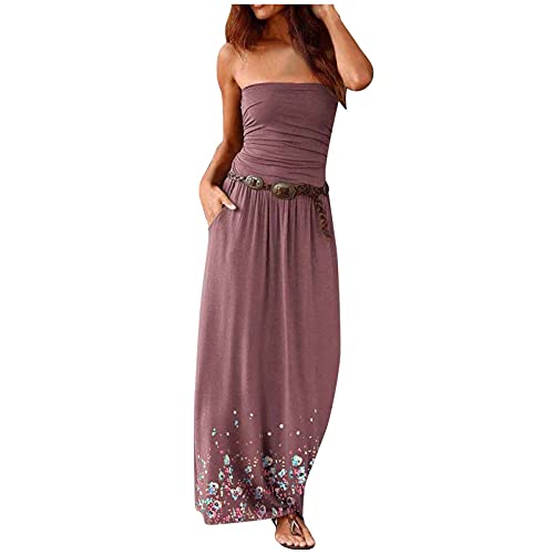 Modedress Summer Dress for Women Bohemian Solid Color Strapless Long Maxi Dress Pockets Beach Party Tube Top Dress, Purple2, X-Large