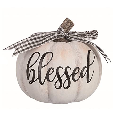 One Holiday Way 6-Inch Rustic White Pumpkin Figurine Autumn Tabletop Decoration with Black and White Check Buffalo Plaid Bow and Blessed Fall Saying – Thanksgiving Farmhouse Country Home Decor