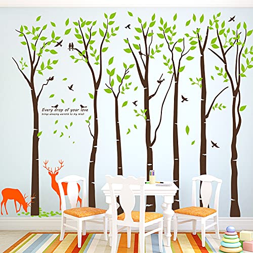 Giant Large Jungle 7 Brown Tree Wall Decal DIY Removable Vinyl Sticker Green Leaf Leaves Birds and Deer Wallpaper for Kids Girl Boy Bedroom Living Room Nursery Rooms Home Offices Walls 118″ x 83″ (Brown)
