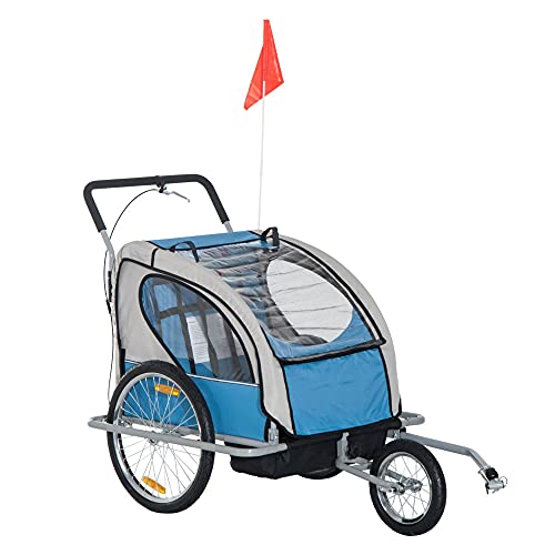 Elite 2-in-1 88 lbs Weight Capacity Double Child Two-Wheel Bicycle Cargo Trailer and Jogger with 2 Safety Harnesses – Blue