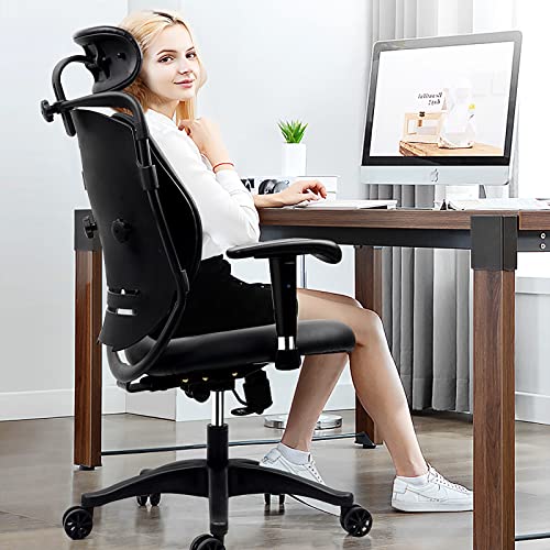 Office Chair Leather Computer Chair with Adjustable Arms, Home Office Chair Leather Desk Chair Executive Office Chair for Heavy People, Black