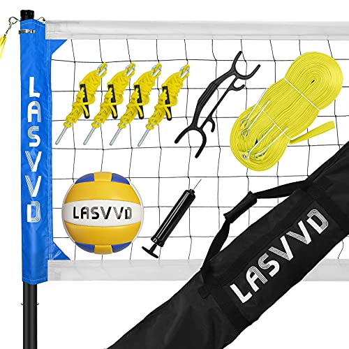 Lasvvd Portable Outdoor Sports Volleyball Net – Professional Volleyball Net Set System, Volleyball Net Has Been Installed on The Adjustable Height Aluminum Poles -Blue/White