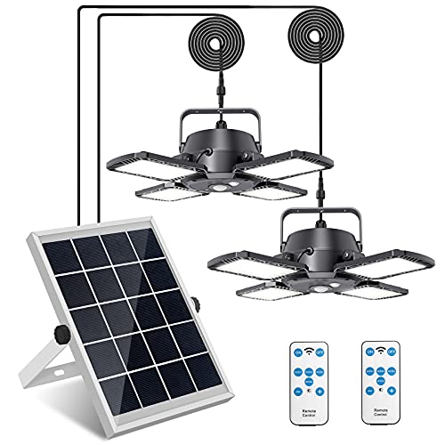 Yomisga Solar Pendant Lights Adjustable Solar Panel with Dual Lamps Indoor Shed Light 128 LED IP65 Waterproof Outdoor Motion Sensor Light with Remote Control for Shop, Garage, Barn, House