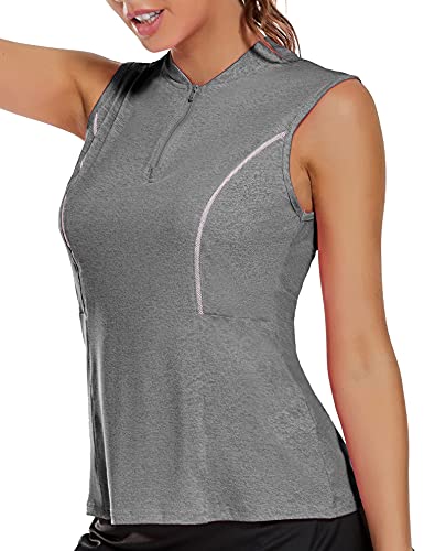 Women’s Golf Polo Shirts Zip Up Sleeveless Tennis Shirts Quick Dry Athletic Tank Tops with Zipper UPF 50+ (Gray, L)