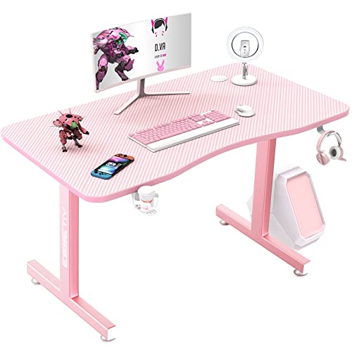 Vitesse Pink 40 Inch Cute Kawaii Computer Gaming Table T Shaped Girl Gamer Workstation Home Office Desk with Carbon Fiber Surface and Headphone Hook