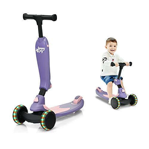 HONEY JOY Kick Scooter for Kids, 2-in-1 Kids Scooter with Seat, 2-Stage Adjustable Handlebar w/Extra-Wide Deck & PU Light-Up Wheels, Lean-to-Steer Toddler Scooter for Boys Girls 2-6 Years (Purple)