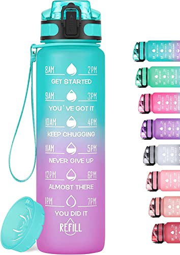 MEITAGIE 32oz Motivational Water Bottle with Time Marker & Fruit Strainer, Leak-proof BPA Free Non-Toxic 1l Bottle with Carrying Strap, Perfect for Fitness, Gym and Outdoor Sports (Ombre: Mermaid)