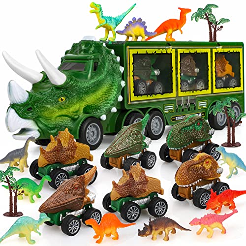 TOY Life Dinosaur Toys for Kids 3-5 5-7, 21 Pack Dinosaur Truck with 6 Pull Back Dinosaur Cars and Dinosaur Figure, Toddler Toys for Boys and Girls, Dinosaur Transport Carrier Truck for Kids