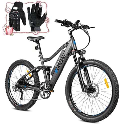 eAhora AM100 Adult Electric Bicycles 27.5 Inch Upgraded 500W Electric Mountain Bike 48V 14Ah Removeable Battery Electric Bikes for Adults 9-Speed Gears Full Suspension Commuting Electric Bike