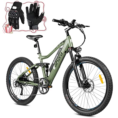 eAhora AM100 Adult Electric Bicycles 27.5 Inch Upgraded 500W Electric Mountain Bike 48V 14Ah Removeable Battery Electric Bikes for Adults 9-Speed Gears Full Suspension Commuting Electric Bike