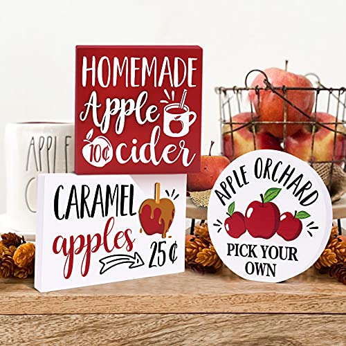 Fall Tiered Tray Decor Apple Wooden Sign Caramel Apples Cider Bar Rustic Farmhouse Decor For Autumn Thanksgiving Harvest Holidays Decoration for Home Red Kitchen Accessories Table Shelf Set of 3