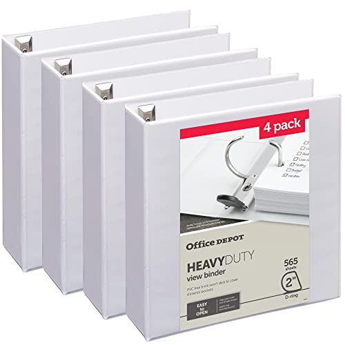 Office Depot® Heavy-Duty View 3-Ring Binder, 2″ D-Rings, White, 49% Recycled, Pack Of 4