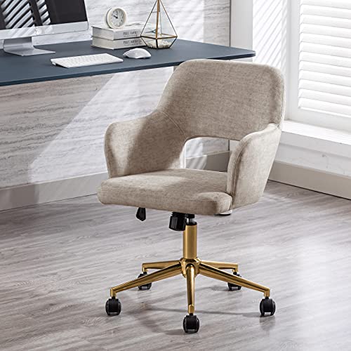 Duhome Home Office Desk Chair with Wheels, Fabric Adjustable Swivel Accent Chair with Hollow Mid-Back Backrest, for Living Room Bedroom, Cream Golden Base
