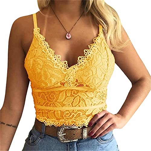 Generic Womens Lace Bralette Sexy Floral Backless Crop Top Bralettes Strappy Deep VNeck Floral Padded Bra Yellow,Large