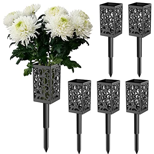 Bryopath Headstones for Graves 【6 Pack】, Cemetery Decorntions for Grave, Human Gravestone Markers Flower Holder, Black Plastic with Drainage Hole Long Spikes for Yard Ground Outdoor Floral Marker