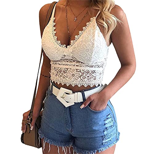 Generic Womens Lace Floral Bralette Sexy Triangle Crop Top Bralettes Strappy Backless Deep VNeck Padded Bra White,Medium
