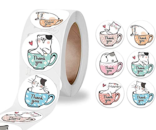 Thank You Stickers, 1.5 ” Round Size, 500 Labels for Small Business, Baking Packaging, Envelope Seals, Handmade Gift Decoration, 6 Cute Cat White Tags for Wedding, Birthday, Party Gift Wrap Bag