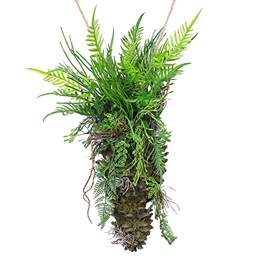 FAKEGREEN Artificial Plants, 57 Inch Fake Hanging Plants Mixed Faux Ferns Leaves Greenery Foliage Plant with Real Looking Pine Cone, Moss and Roots for Home, Room, Garden, Office, Party Decor