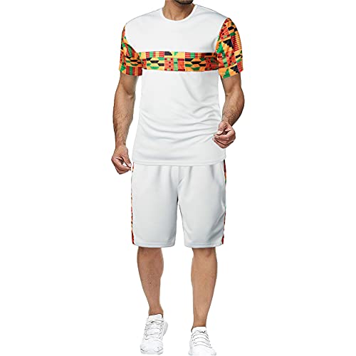Burband Men’s Summer 2 Piece Outfits Dashiki African Pattern Printed Short Sleeve Shirts and Shorts Activewear Tracksuit White