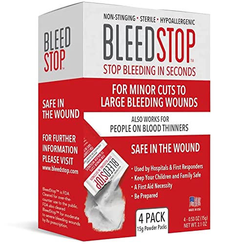 BleedStop™ First Aid Powder for Blood Clotting, Trauma Kit, Blood Thinner Patients, Camping Safety, and Survival Equipment for Moderate to Severe Bleeding Wounds or Nosebleeds – 4 (15g) Pouches