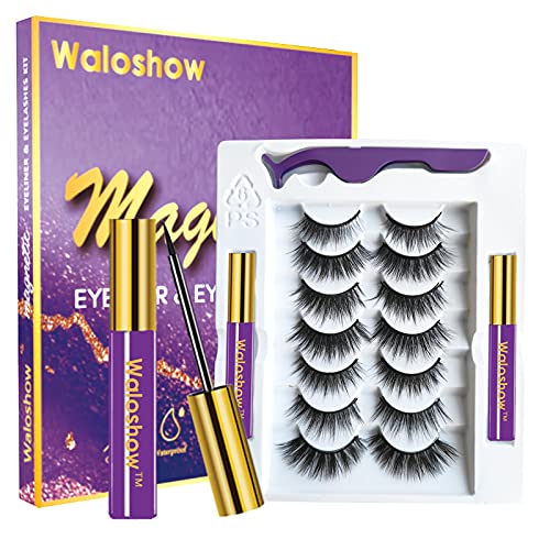 Magnetic Eyelashes with Eyeliner Kit, 3D Magic Eyelashes Kit with 7 Pairs Reusable False Eyelashes Natural Look, Tweezer and Eyeliners, No Glue, Easy to Wear, Waterproof, Suitable for all occasions