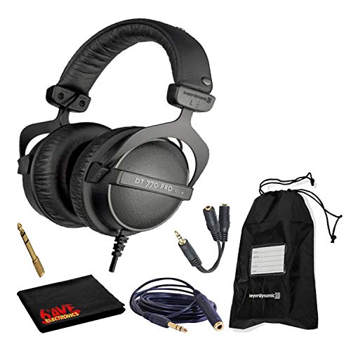 beyerdynamic DT 770 Pro 32 Ohm Closed-Back Studio Recording Headphones Bundle with Soft Drawstring Case, Headphone Splitter, 5ft Extension Cable, and 6AVE Cleaning Cloth