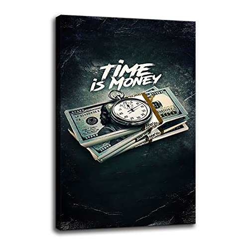 Inspirational Canvas Wall Art Time is Money Poster Print Motivational Pictures Vintage Painting Home Decor Artwork for Living Room Bedroom Office Decoration Framed Ready to Hang [18”W x 12”H]