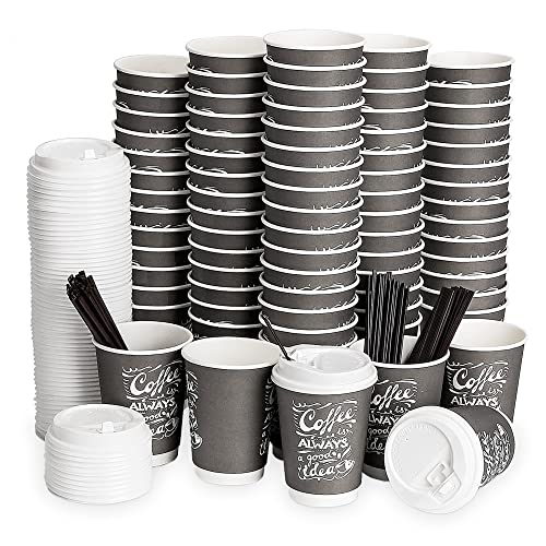 Aplus Trend Disposable Coffee Cups – Paper Coffee Cups with Lids & Stirrers – Thick Paper Hot Cups – Insulated Double Wall – Recyclable – No Sleeves – Travel Paper Cups for Hot Drinks, 12 oz, 80 pcs