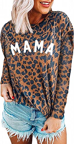 Womens Mama Leopard Shirt Long Sleeve Mom T-Shirt Cheetah Print Graphic Blouse Tops XL