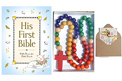 Generic His First Bible and Wooden Rosary for Baptism, Dedication or Baby Shower with Mini Card for Gift GivingBundle of 3 Items