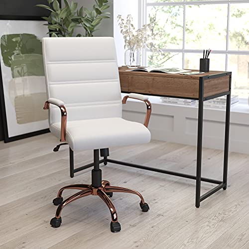 Merrick Lane Milano Contemporary Mid-Back White Faux Leather Home Office Chair with Padded Rose Gold Arms