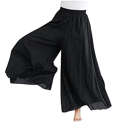 YUNDAN Women’s Wide Leg Pants Cotton Linen Soft Dress Two-Layer Ankle Capris Trousers Elastic Waist Comfy Culottes Black, Medium